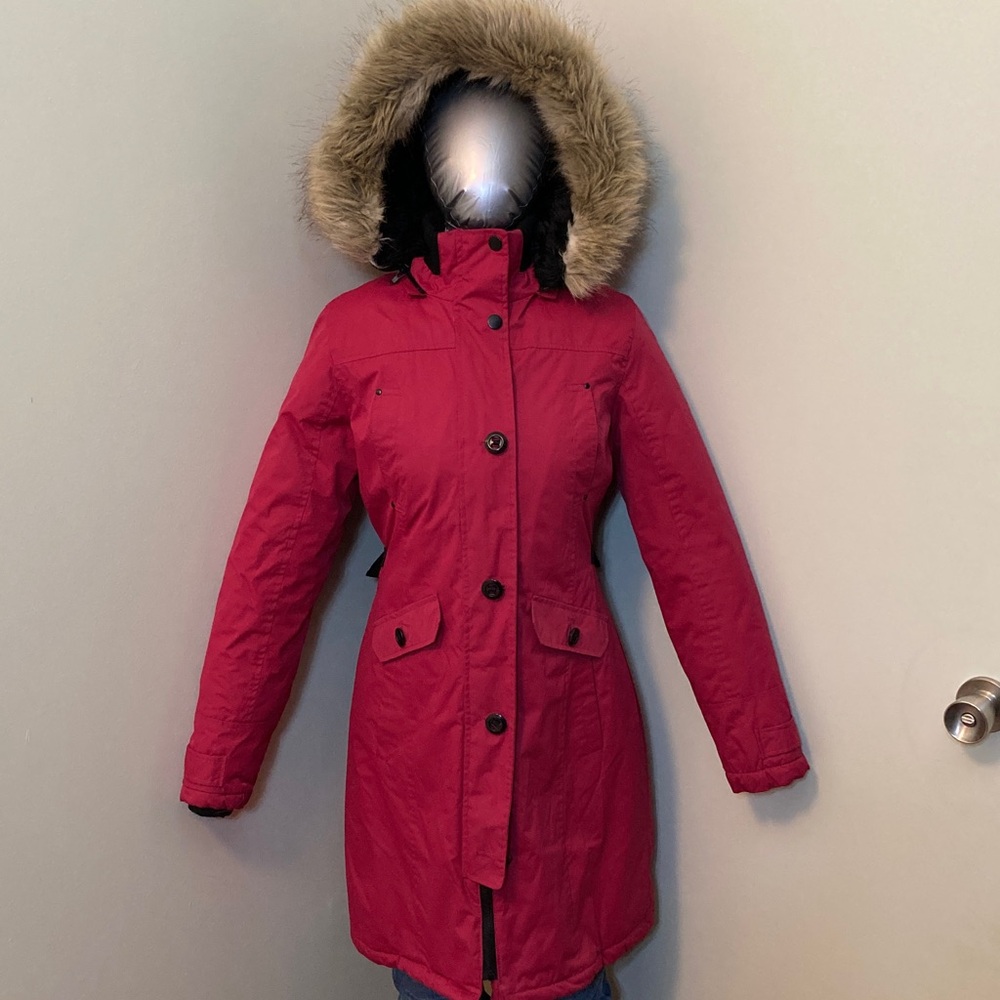 London Fog Red Hooded Faux-Fur Trim Parka